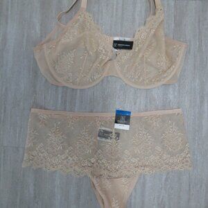NWT INC Beige Almond Latte Lace Bra XXL with Matching Lace Thong Panties XL